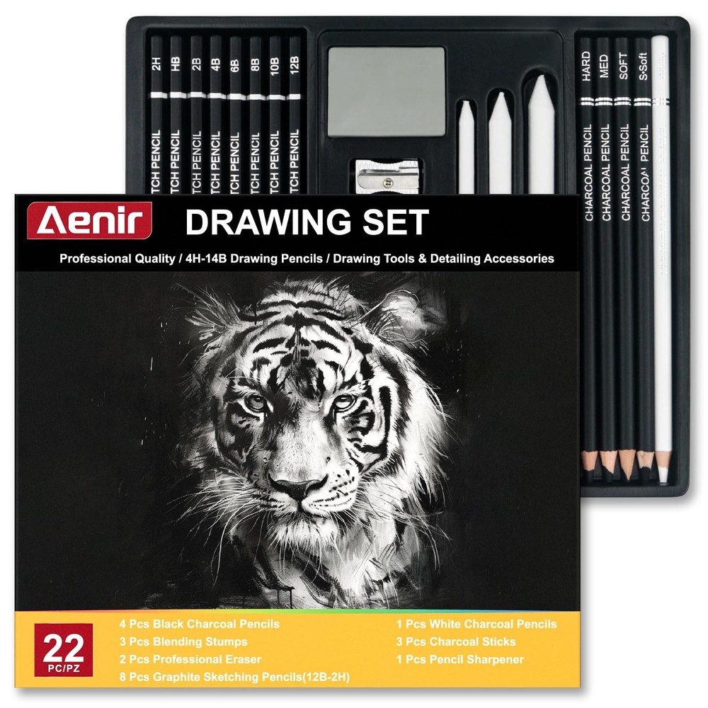 22 PCS Professional Charcoal Pencil Drawing Sketching Shading Art Supply Set