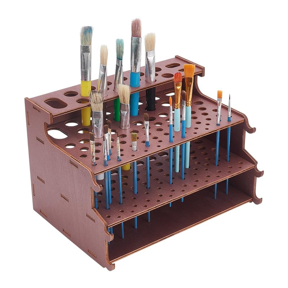 PH PandaHall 3-Tiers Wooden Paint Brush Holder Paintbrush Organizer Rack Wood