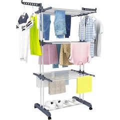 Foldable 4 Tier Stainless Steel Drying Rack with 4 Rolling Wheels 24 Hanging Rod