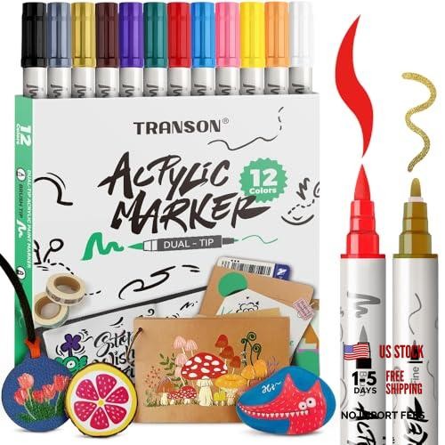 Fine and Brush Dual-tip Acrylic Paint Marker Pen Set for Canvas Rock 12 Colors
