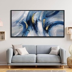 Abstract Line Art Framed Canvas – Blue and Grey Modern Wall Decor, Large 20×4…