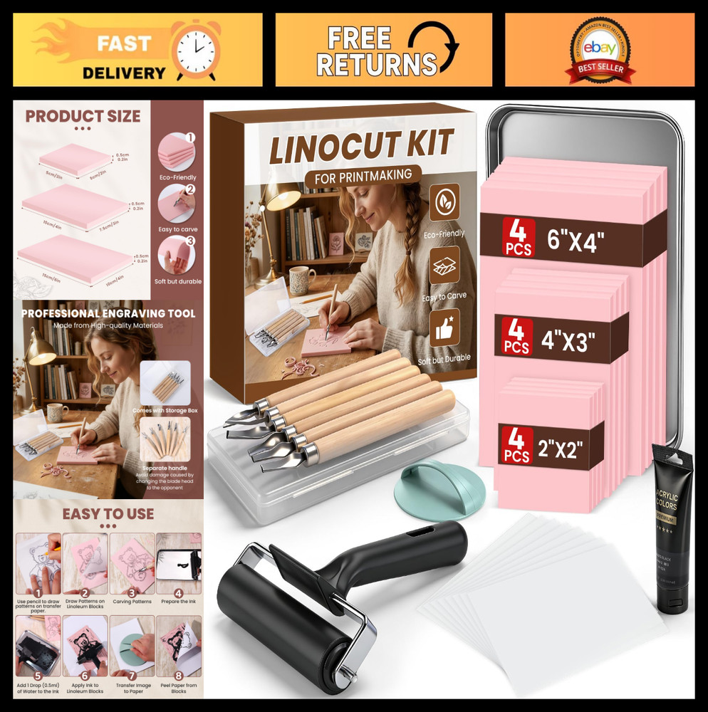 Linocut Printmaking Kit – 12Pcs Blocks, Brayer, Ink & Carving Tools for DIY Art