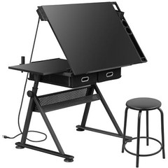 Large Work Surface Drafting Table Art Desk In Robust Steel And Wood Finish