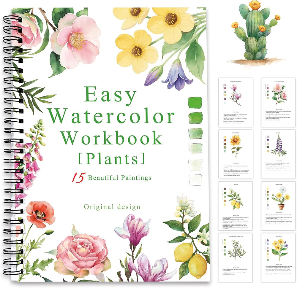 Watercolor Workbook Flower Plants, 15 Different Patterns of Original DIY Designs