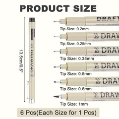 6Pcs 0.2mm/0.25mm/0.35mm/0.5mm/0.6mm/1.0mm Fineliner Ink Pens