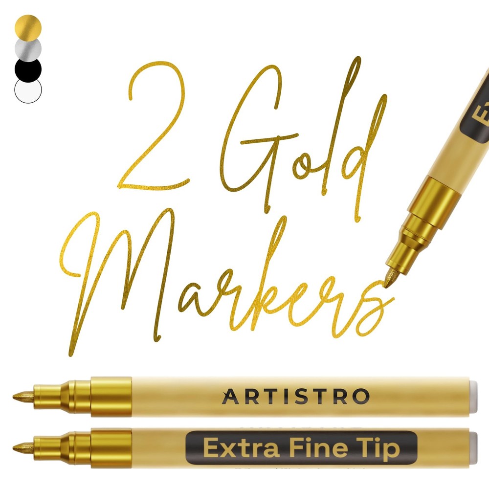 2 Gold Acrylic Paint Markers – 0.7mm Extra Fine-Tip Metallic Paint Pens – Per…