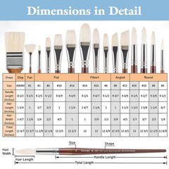 Natural Bristle Paintbrush Set Long Handle Fan Round Flat Filbert 15 PCS