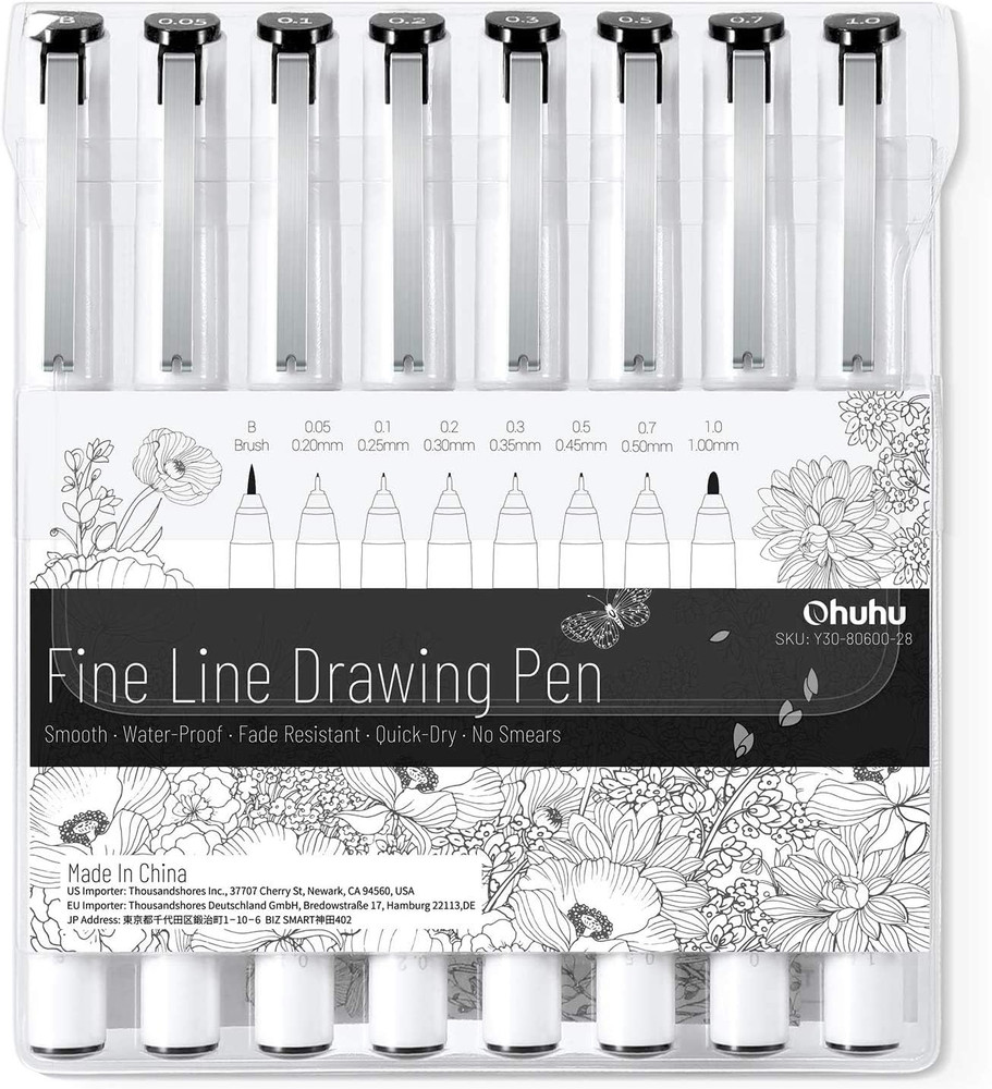 Fineliner Pens Micro Drawing Pens: 8-Size Tips (Ultra-Fine, Fine & Brush) Waterp