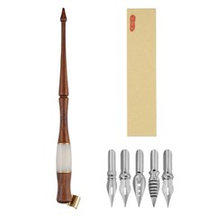 Wood Calligraphy Oblique Dip Pen Holder Set 5 Flat Nibs Removable Handle Stand