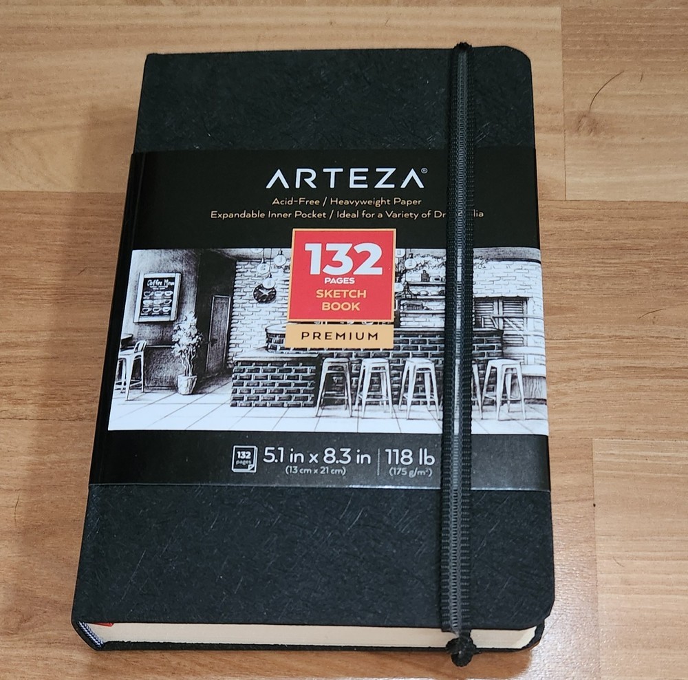 Arteza Premium Sketchbook 132 acid free pages appx 5×8″ Hardcover NEW Black