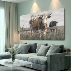 ZENPEE Black and Canvas Wall Art Painting – Rustic 48″L x 24″W Brown Cow