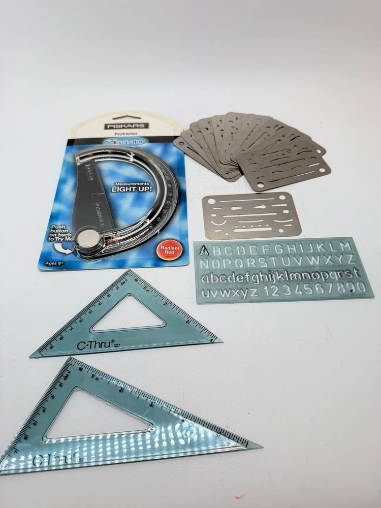 Vintage Drafting Template Ruler Lot C-Thru Fiskars Protractor Letter Stencil Set