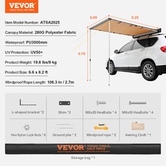 VEVOR Vehicle Awning 6.6′ x 8.2′ Shade Coverage Car Side Awning PU3000 mm UV50+