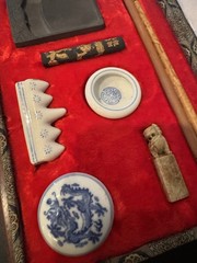Chinese Calligraphy Set Patterned Hinged Case Brush Ink Stick Porcelain Dishes