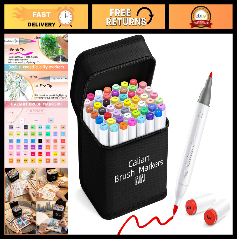 51 Colors Dual Tip Alcohol Markers Set – Brush & Fine Tips for Artists, Permanen