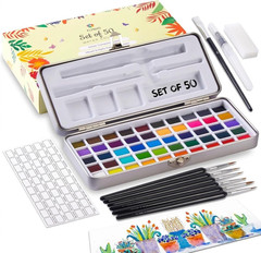 Professional Watercolor Paint Set – 50 Brilliant Colors, 6 Detail Brushes, Water