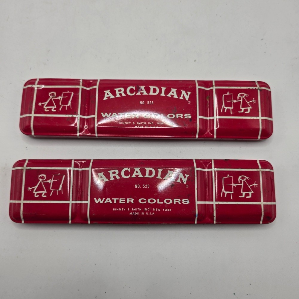 Binney & Smith Arcadian No 525 Watercolor Paint Tin Vintage Red Art Set USA Lot