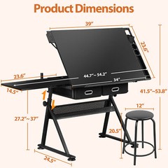 Black Drafting Table & Stool Se Adjustable Height W/ Drawers & Charge Station