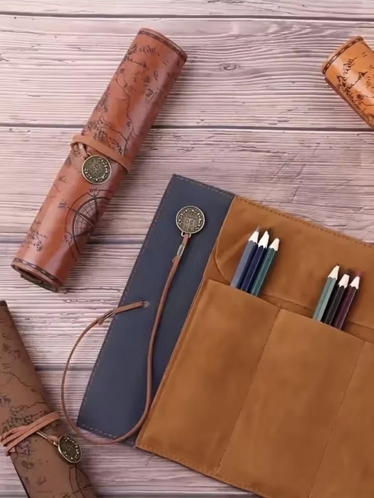 Dark Brown Pencil Case Makeup Case Leatherette Treasure Map Style Free Delivery