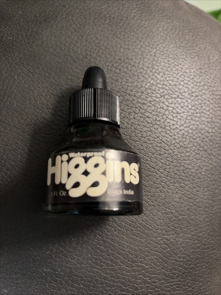 Higgins Waterproof Black India Ink 1 oz. Glass Bottle 4415 Vintage Box1-5