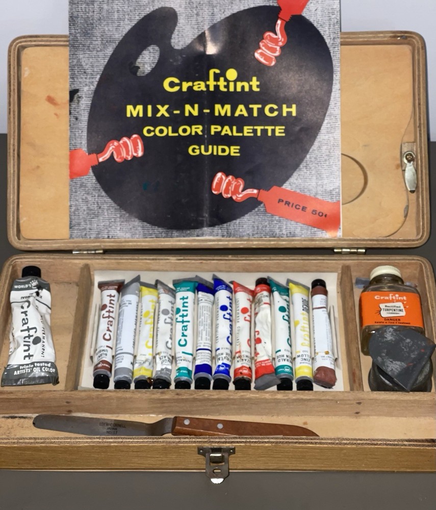 Vintage 1960s Craftint Oil Paint Kit Wooden Box w Brushes Solvent Easel 13 Tubes