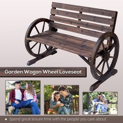 Wagon Wheel Bench Rustic 2-Person Outdoor Patio Carbonized Finish with Backrest