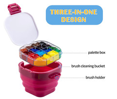 Airtight Watercolor Palette (16-Well) with Lid & PINK Collapsible Brush Basin