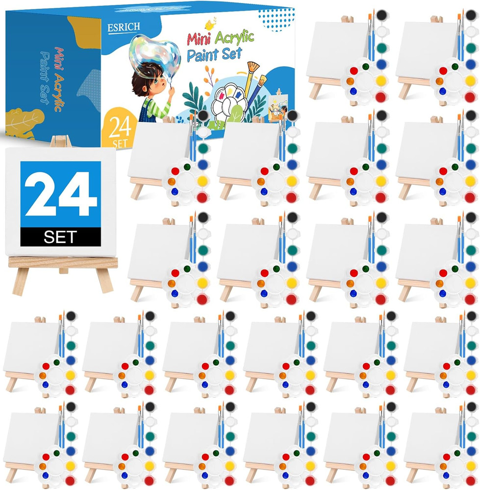 24 Set Mini Acrylic Paint Kit, Mini Stretched Canvas with Easel, Valentines Day