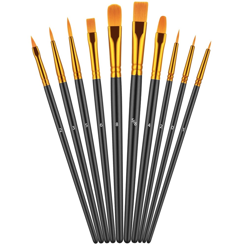 Paint Brush Set, 10 Pcs 5 / 8 8 6 4 5 3 2 2 1 2 / 0, Black,nickel