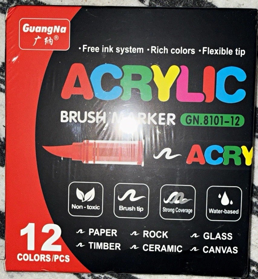 GuangNa GN.8101-12 Acrylic Brush Marker Set, 12 Multicolor Water-Based Markers