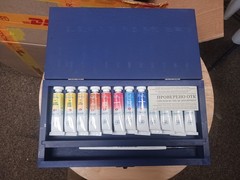 “White Nights” Watercolor Paint Set: 12 Tubes (10 ml each), Blue Wood Case, Brus