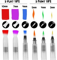 Mr. Pen Watercolor Brush Pens, 6 pcs, Pointed & Flat Tips, Nylon Large, White