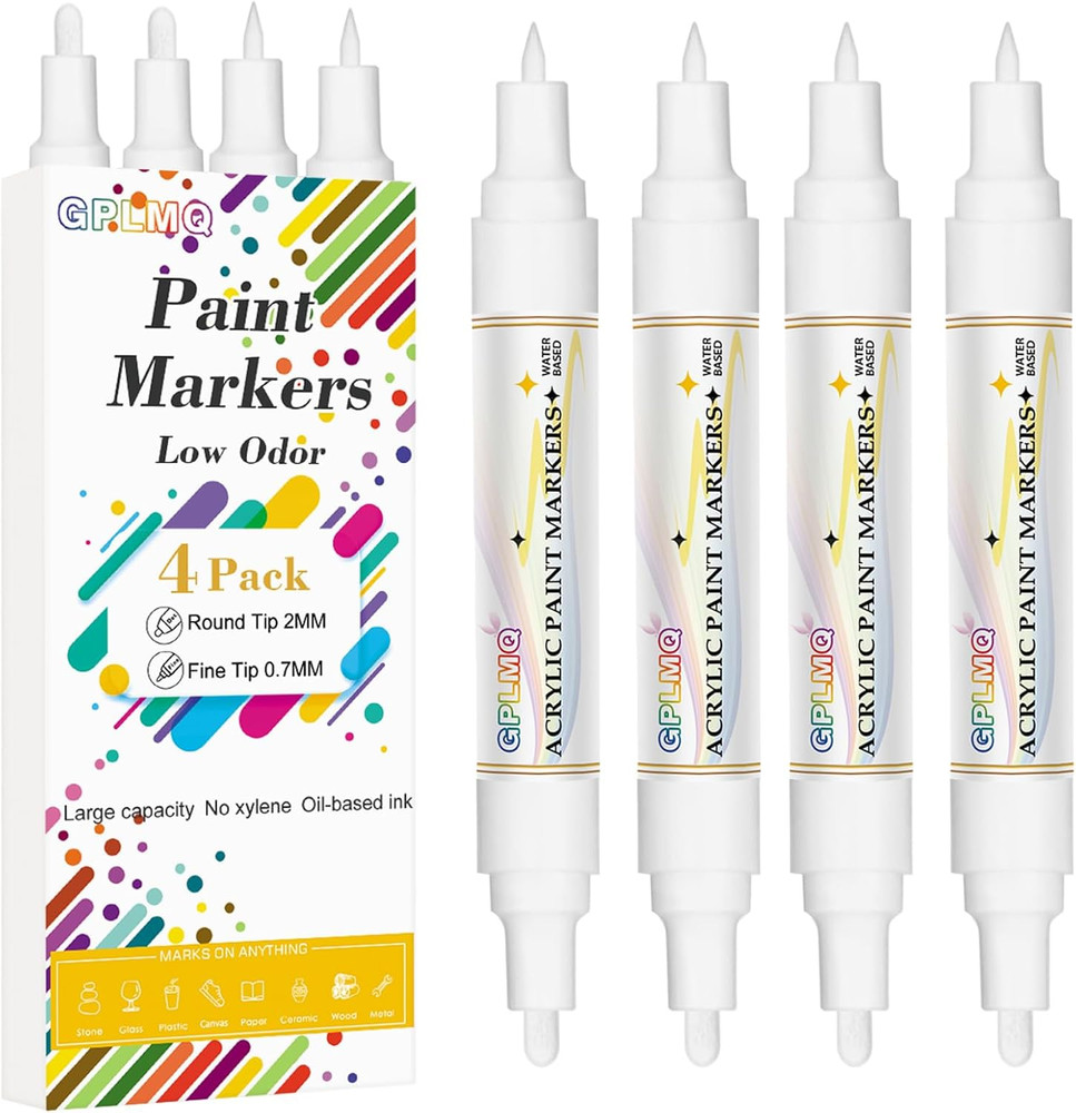 White Paint Pens – 4 Pack Dual Tip Acrylic Paint Markers (0.7mm & 3mm), Non-Toxi