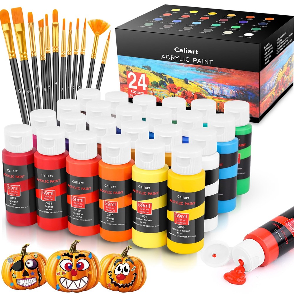 Caliart 24 Colors Acrylic Paint Set with 12 2 Fl Oz (Pack of 24), Regular