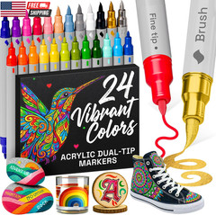 24 Acrylic Paint Markers – Paint Pens for Drawing, Brush + Fine Tips – for Fabri