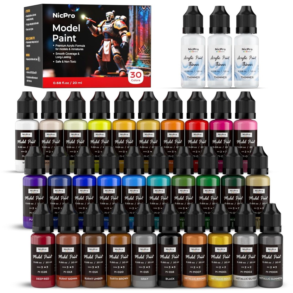 30 Colors Acrylic Model Paint Set – 20ml Ready to Use, Brush & Airbrush Compatib