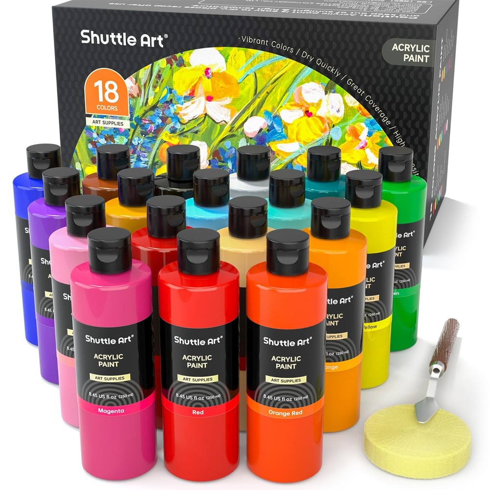 18 Colors Acrylic Paint Bottle Set (250ml/8.45oz), Rich Pigmented Bulk Painti…