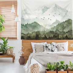 kampdream Mountain Forest Tapestry, Misty Foggy Sage Green Tree Landscape Wat…