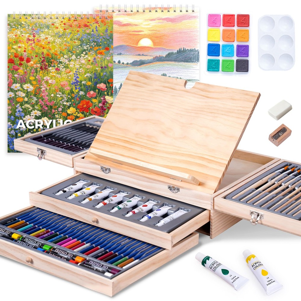TMOL 85 Piece Deluxe Wooden Art Supplies, Art Kit with Easel, Sketching Penci…