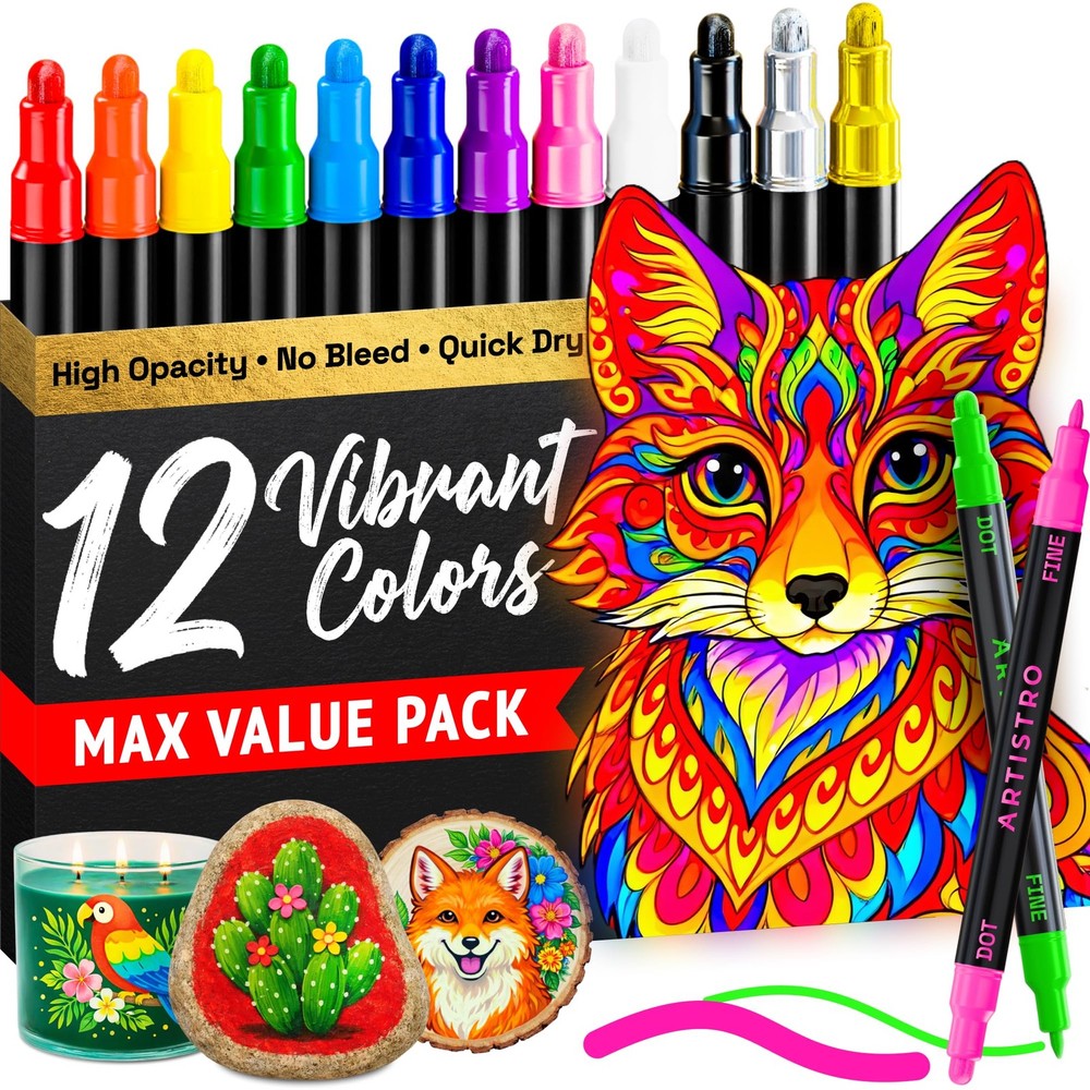 12 Precision Dual-Tip Acrylic Paint Markers – Paint Pens Set with Dot & Fine Ti