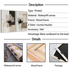 2Pcs Framed Neutral Abstract Canvas Wall Art Floral Pictures Modern Minimalis…