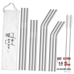 12-Pack Reusable Stainless Steel Metal Straws with Case – Long Drinking Silver