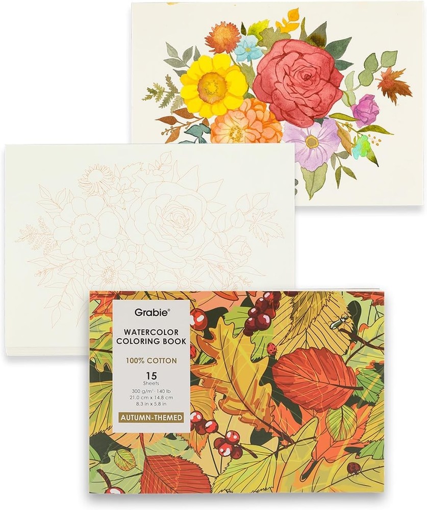 Autumn Watercolor Coloring Book 15 Sheets A5 8.3×5.8 Inch 100 Cotton Paper