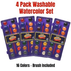 4 PACK 16-Color Watercolor Paint Set w/ Brush Watercolour Washable Kids Students