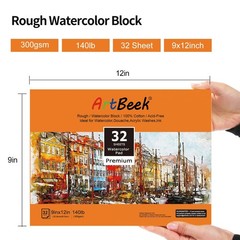1 PC Watercolor Paper Block 9″ x 12″ 32 Sheets 100% Cotton Rough 140lb/300GSM