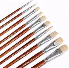 Professional Hog Bristle Filbert Oil Paint Brushes Set, 10pcs Long Wooden Handle