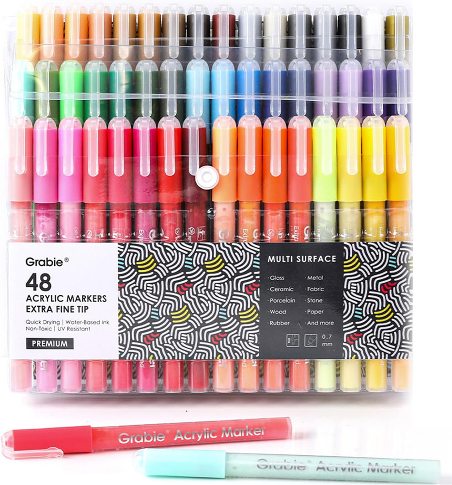 Grabie Acrylic Paint Pens Markers, 48 Colors, 0.7 mm, Extra Fine Tip Drawing Mar