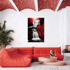 NutArtPic Waterfall Canvas Wall Art Black White Red Landscape Painting Red Tr…