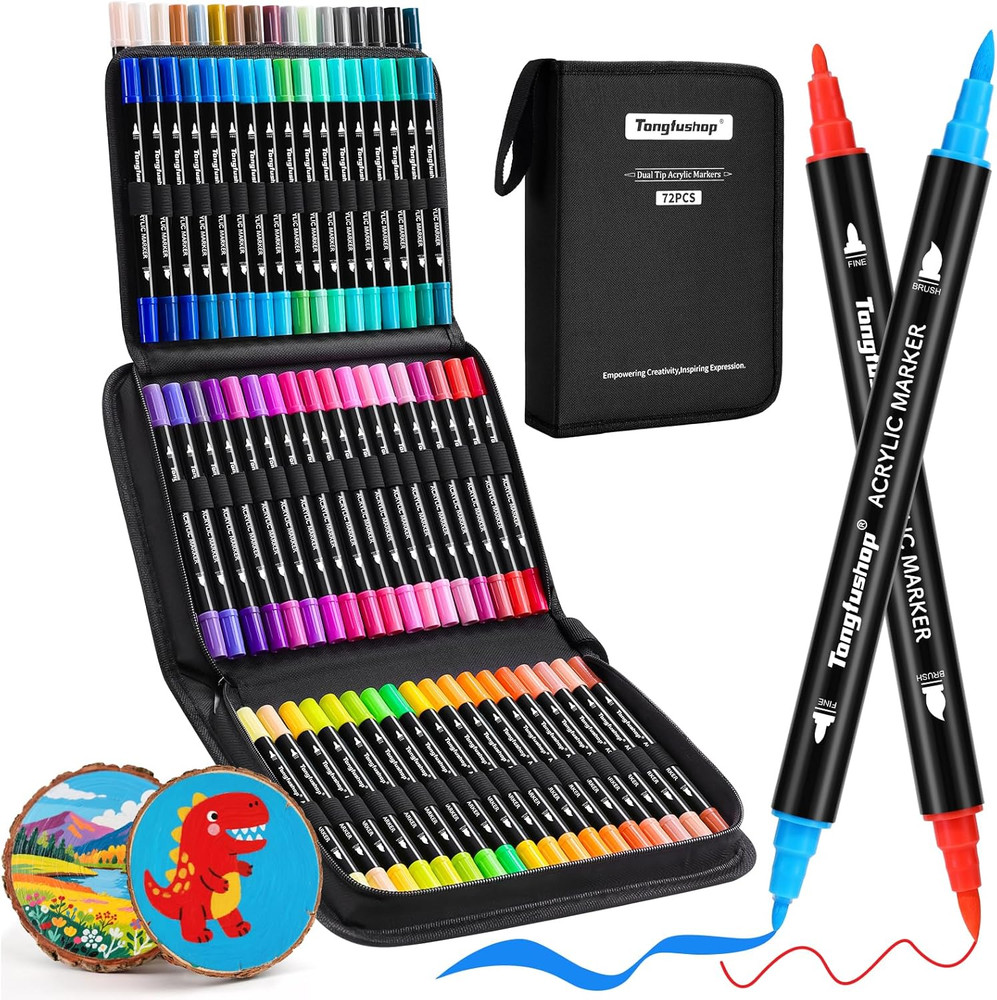 72 Colors Acrylic Paint Markers, Dual Tip Acrylic Paint Pens with Brush Tip & Fi