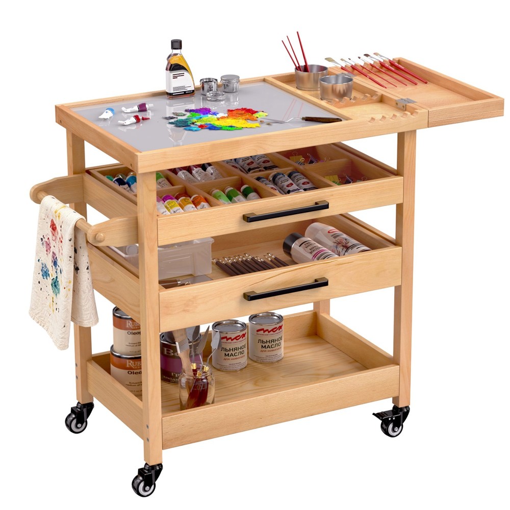 Art Cart, Beech Wood Art Supply Cart Organizer on Wheels for Home Studio